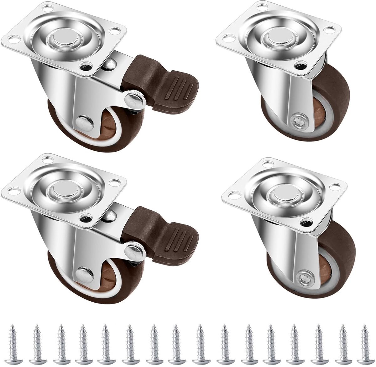 Set van 4 meubelwielen, 50 mm, zware wielen met rem, transportwielen met 16 schroeven, 360° draaiend, bokwielen voor tafel, rubberen wielen