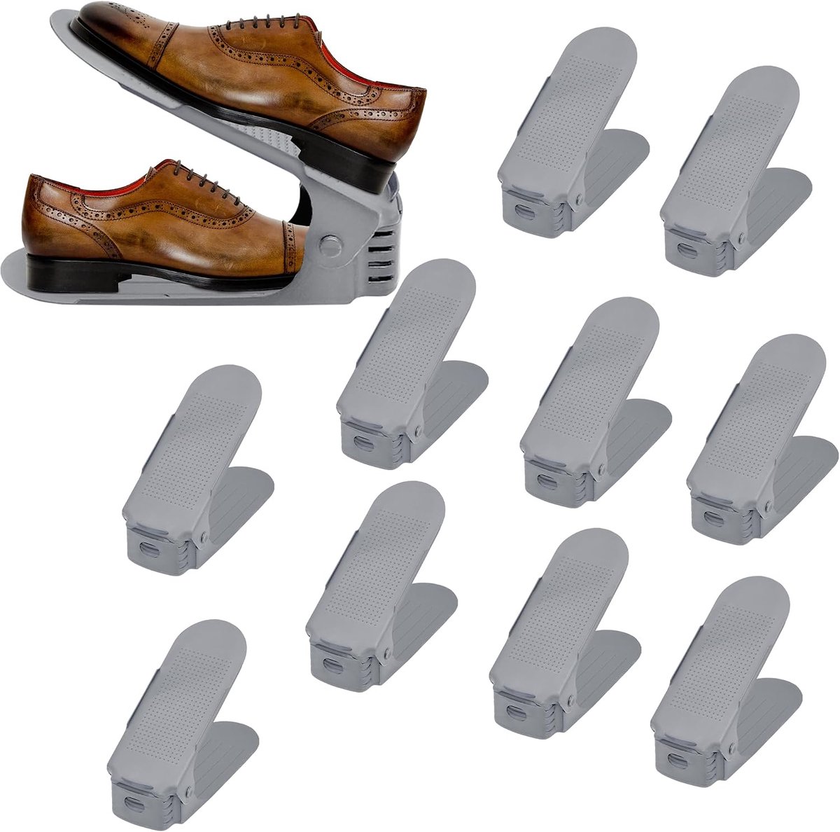10 stuks schoenenstapelaar, ruimtebesparend, grijs, schoenorganizer, schoenopslag, antislip, schoenenrek met verstelbare schoensleuf, 3-traps verstelling, in hoogte verstelbare schoenhouder