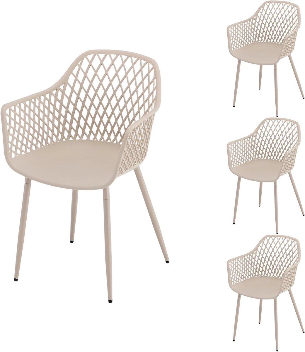 Set van 4 Outdoor Pатио Stoelen, Weersbestendige Tuinstoelen met Armleuningen, UV-bestendige Geometrische rugleuning Balkon Terras Eetstoelen Zwart (4, Khaki)