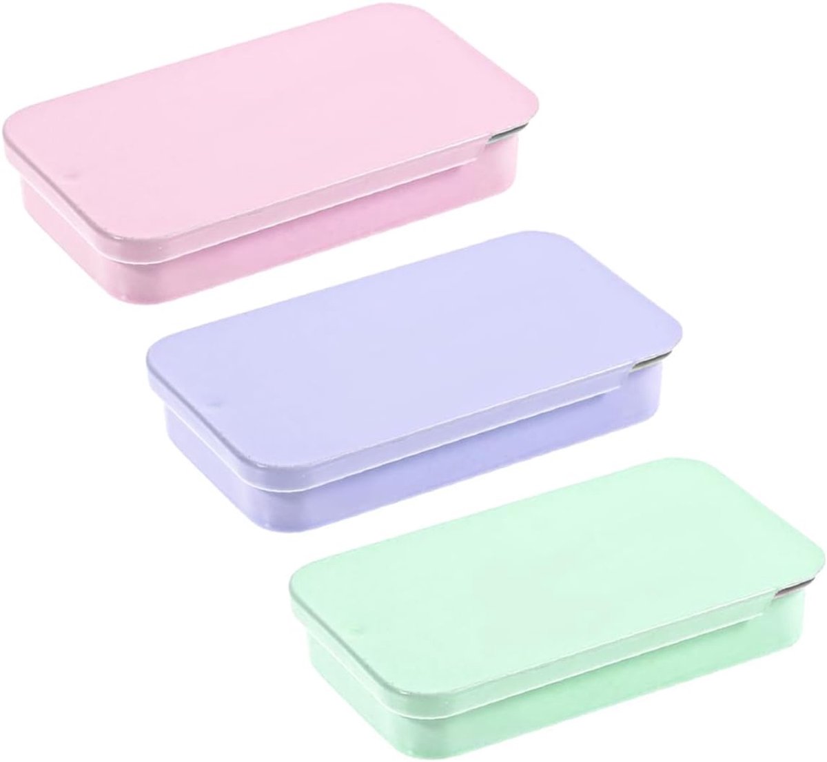 Set van 3 blikken doosjes met deksel, 6x3,4x1,1 cm, draagbare mini metalen blikken opbergdoosjes voor snoepjes, oorbellen en kleine voorwerpen (roze, paars, groen)
