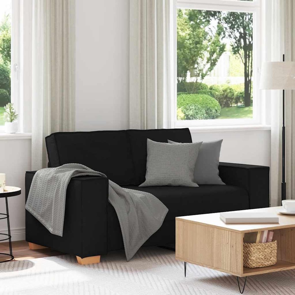 2-zitsbank, zwart, 160 x 78 x 84 cm, stoffen gestoffeerde bank met brede armleuningen en duurzaam polyesterweefsel, voor woonkamer en kantoor