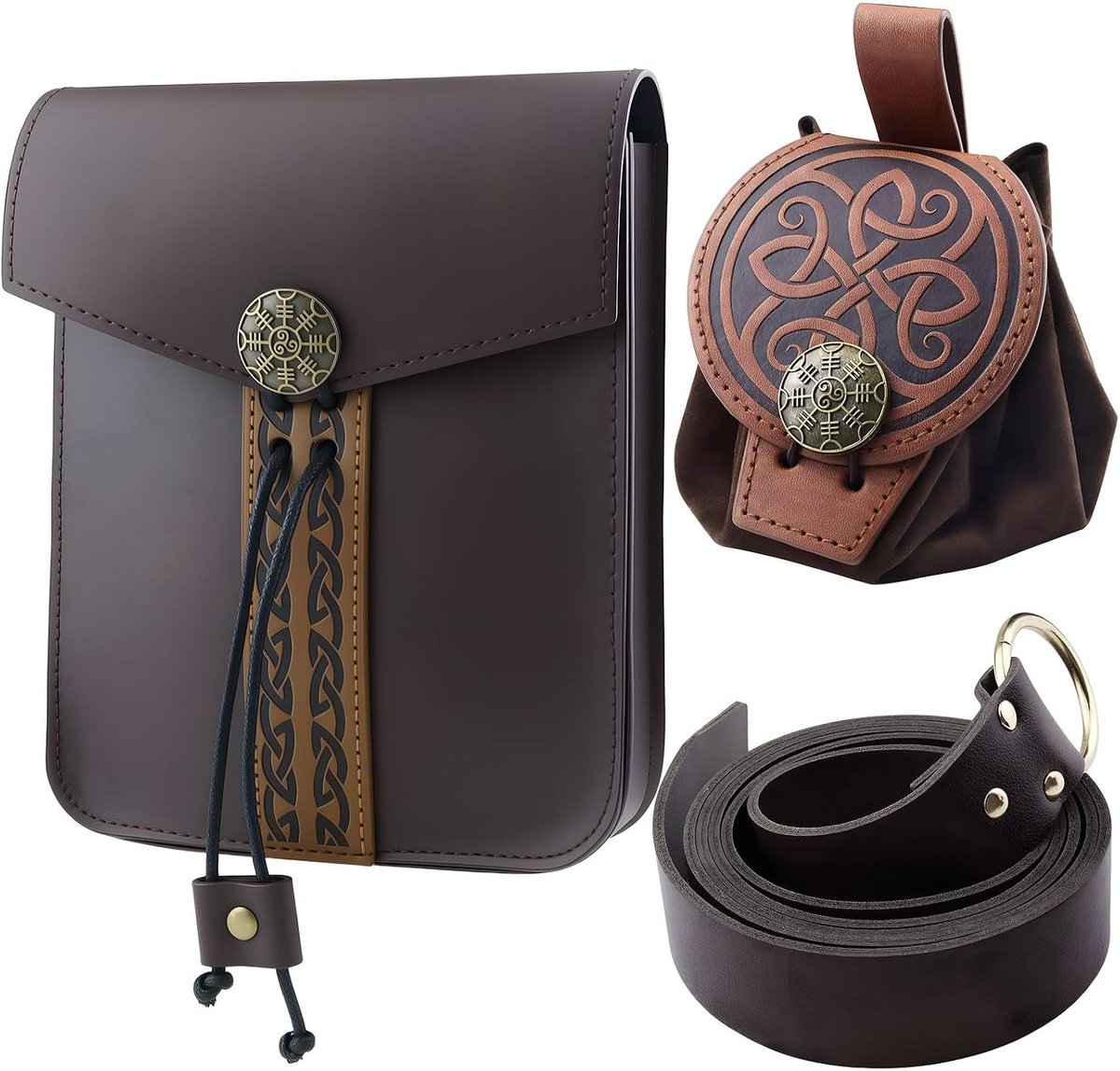 Set van 3 leren heuptassen in bruin voor cosplay, gamefeest, carnaval en dagelijks gebruik