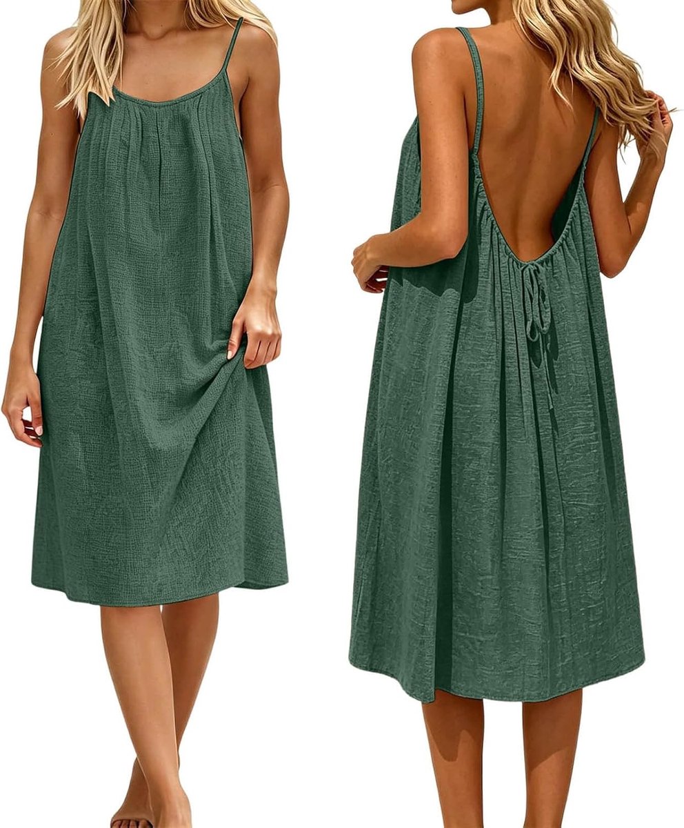 Sommerkleid Damen Ärmellos Spaghettiträger Rückenfreies Midikleid Sommer Tank Kleid Schnür-Stil Strandkleid Trägerkleid