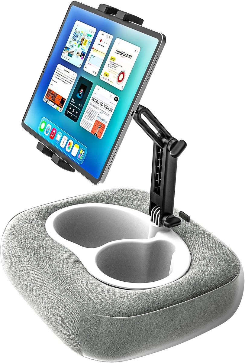 Tabletstandaard van zachte en comfortabele stof, verstelbaar, voor bed, bureau, schoot, voor iPad, Galaxy Tab, Kindle, Fire, tablets en mobiele telefoons met een grootte van 4-13 inch, grijs