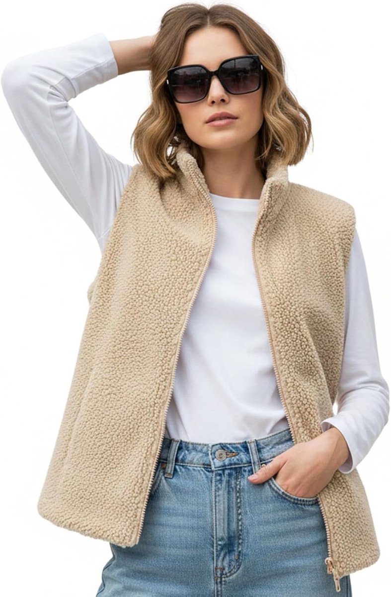 Fleece vest voor dames, warm mouwloos vest voor herfst en winter, mouwloos bontvest, teddyjas, casual, pullover voor dames