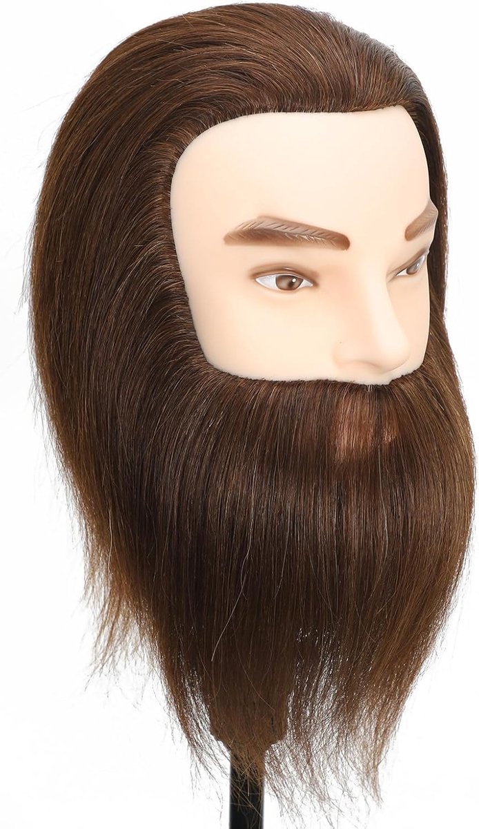 100% menselijk haar mannelijke mannequin hoofd met baard kapper mannequin hoofd kapper mannequin hoofd training pop hoofd voor haar styling en oefening (donkerbruin)