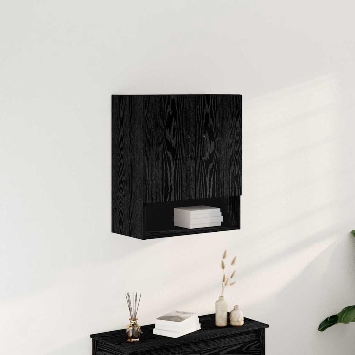 Zwart Eiken 60 x 30 x 70 cm Bewerkt hout Muurmontage Opbergkast met D-Pull Stalen Handgrepen voor Woonkamer Decoratie