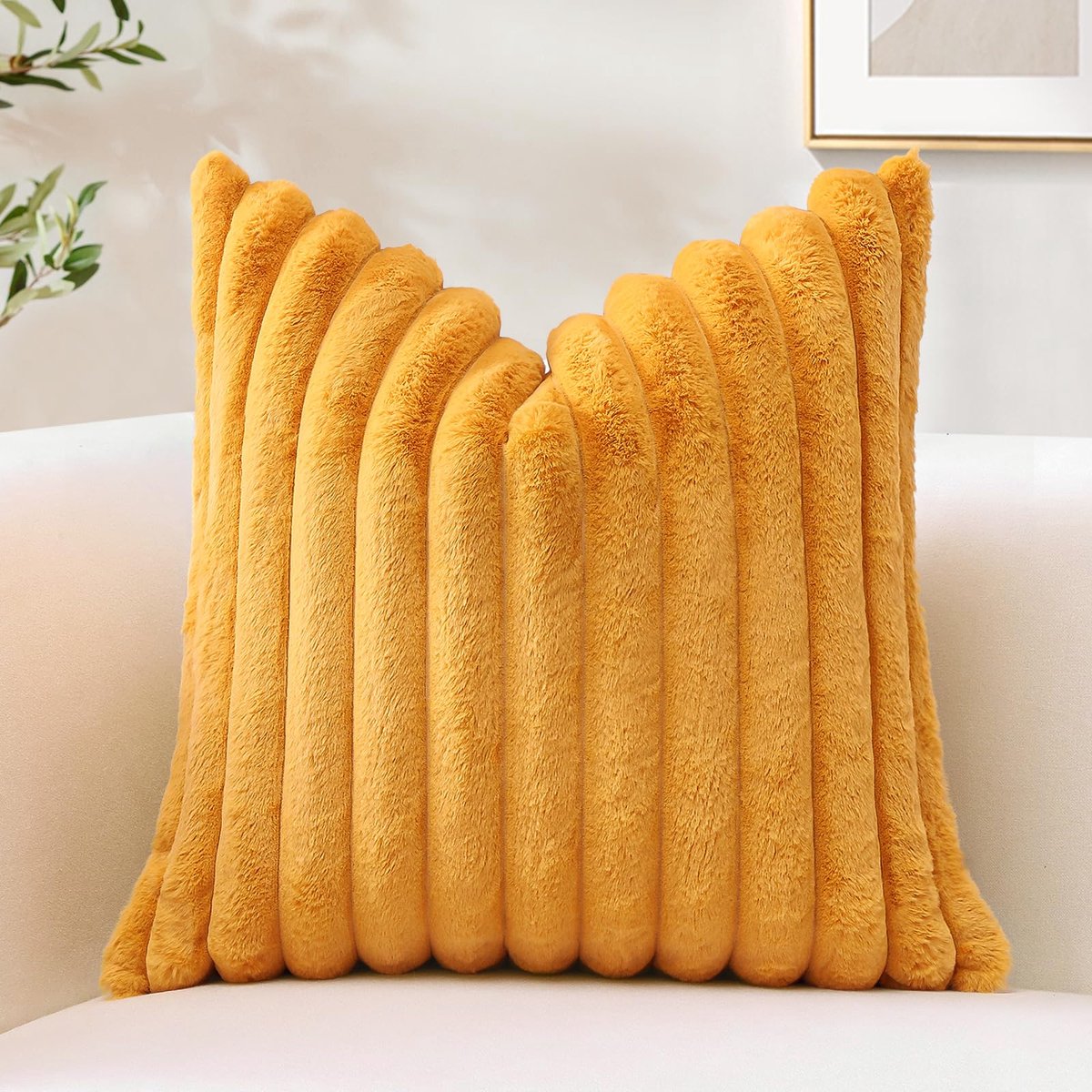 Famanu 1 x kussensloop van zacht pluche, 40 x 40 cm, decoratief, konijn, gestreept, fluweel, kussenslopen voor bank, bed, woonkamer, mosterdgeel