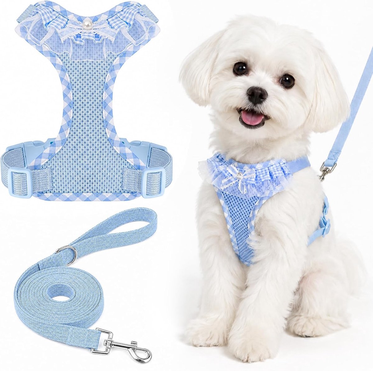 Tuigje voor kleine honden en riem, hondenharnas, geruite stof, blauw, L