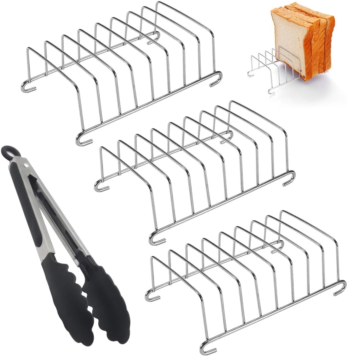 3 stuks toaststandaard, roestvrij staal, toastrek met voedseltang, toasthouder, toaststandaard voor broodrek, eetkamer accessoires