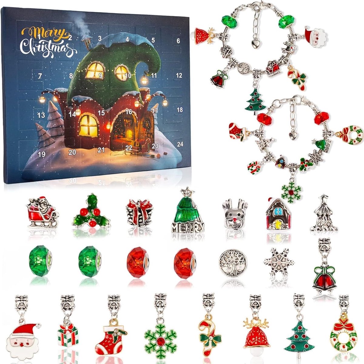 Kerst Aftelkalender Armbanden – Adventskalender – 2 Armbanden en 22 Bedels – DIY Sieraden Maakpakket voor Kinderen