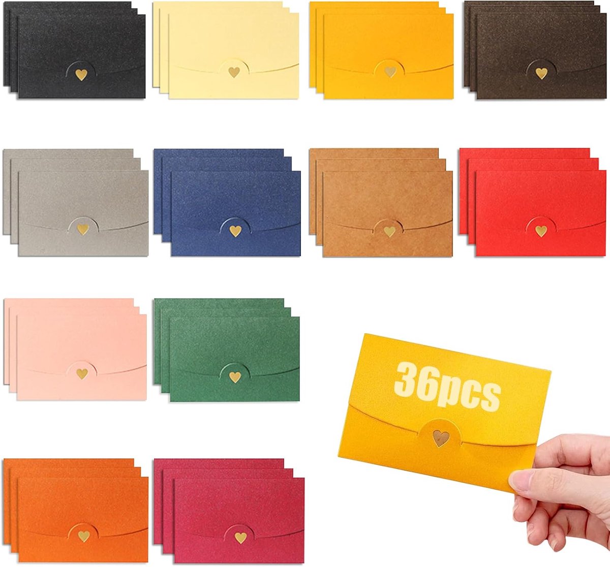 Set van 36 mini-enveloppen, kleurrijk, kleine enveloppen, mini, 10,5 x 7 cm, kleurrijke enveloppen, voor doe-het-zelf cadeaukaarten, Kerstmis, bruiloft, cadeauenveloppen