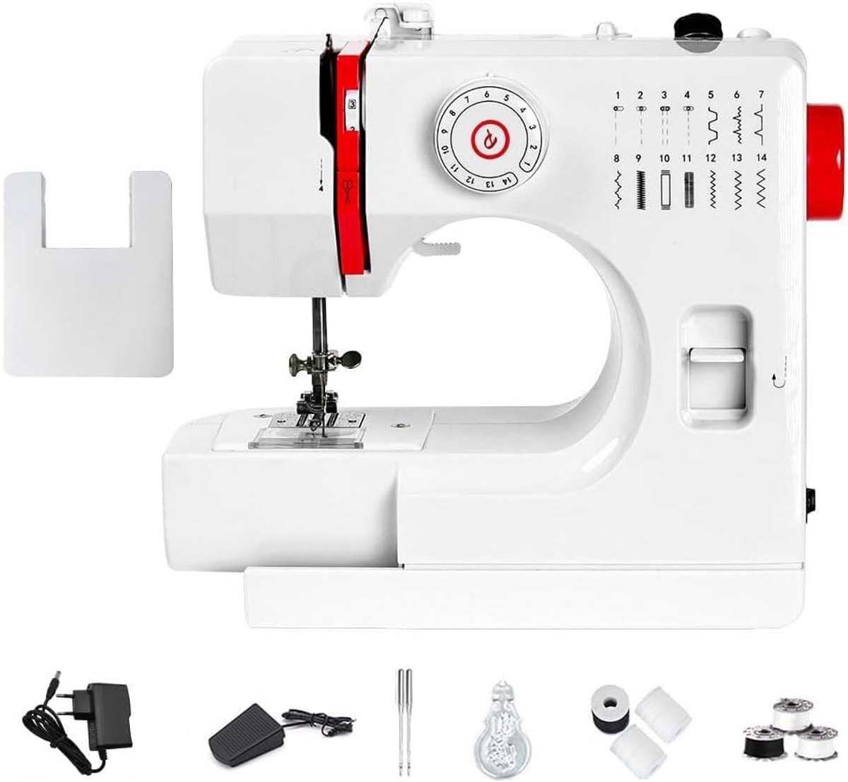 728 Elektrische naaimachine voor beginners, draagbare naaimachine met 14 steekpatronen, voetpedaal, naai-accessoireset, eenvoudig te bedienen voor leer, stoffen, kleding (alleen naaimachine)