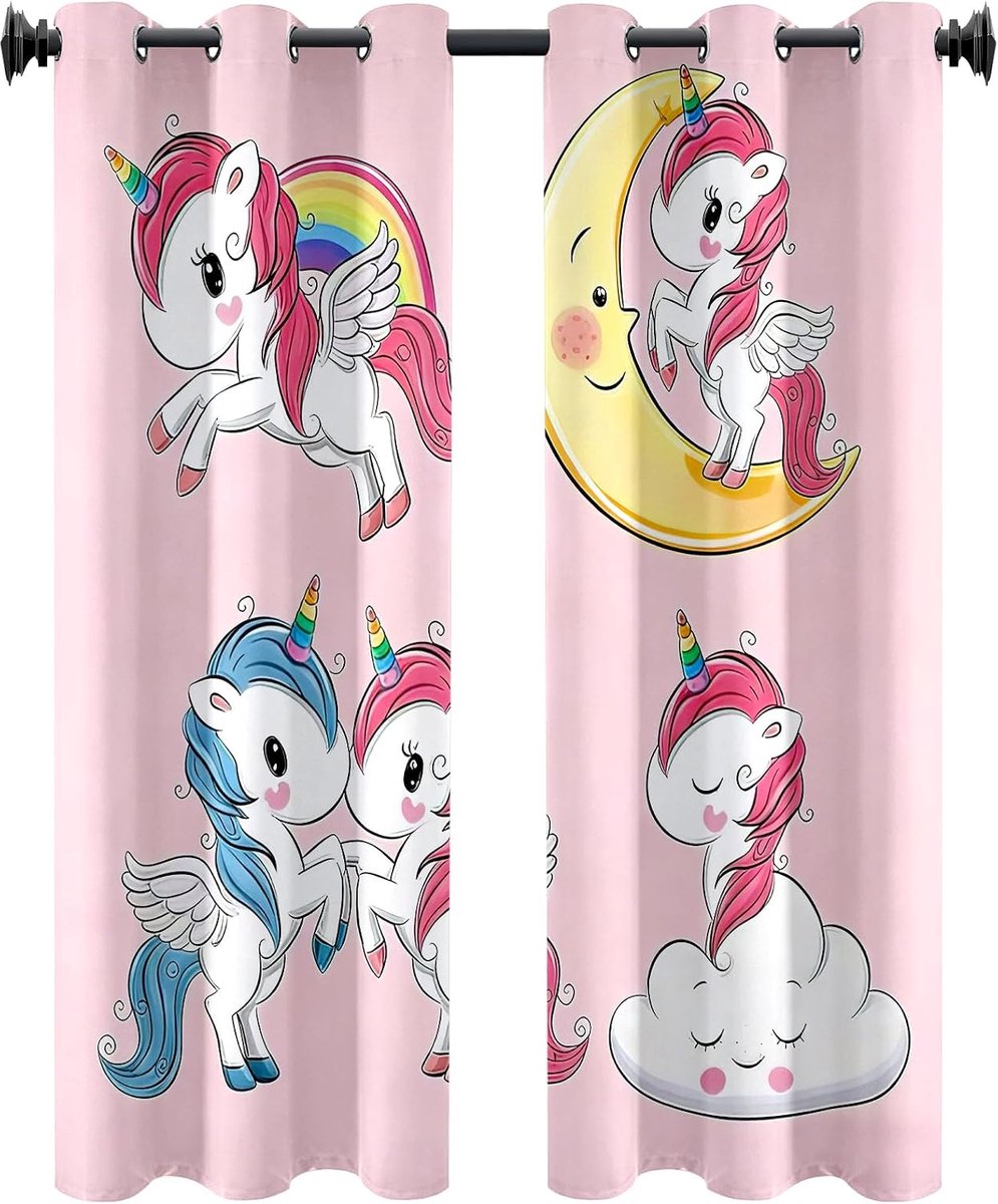Set van 2 Uniicorn-gordijnen, 120 x 140 cm verduisteringsgordijn, Uniicorn-gordijnen met oogjes, verduisteringsgordijnen, decor roze cartoon regenboogwolken printgordijnen, voor woonkamer, slaapkamer