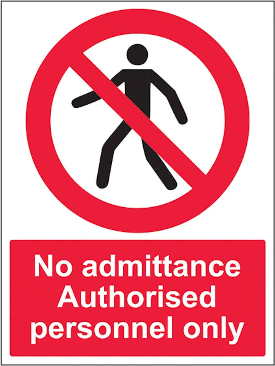 Safety No Admittance, alleen bevoegd personeel, 150 x 200 mm, zelfklevend vinyl, veiligheidsbord met aluminium effect