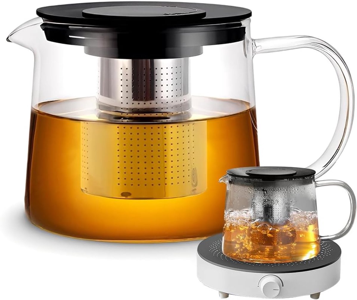 Theepot van 1,5 liter met zeef, glazen theepot, afneembare infuser, bestand tegen hoge temperaturen, kan direct worden verwarmd