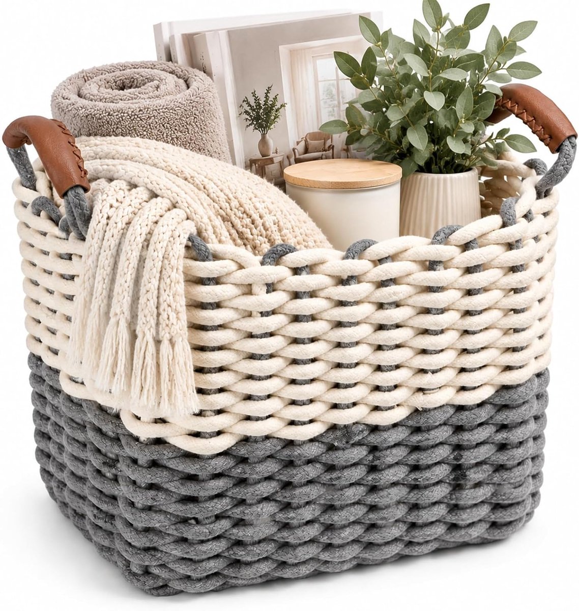 katoenen touw, opbergmand met eendelige handgrepen, praktische gebreide mand voor baby's, slaapkamer en woonkamer, 32 x 23 x 27 cm