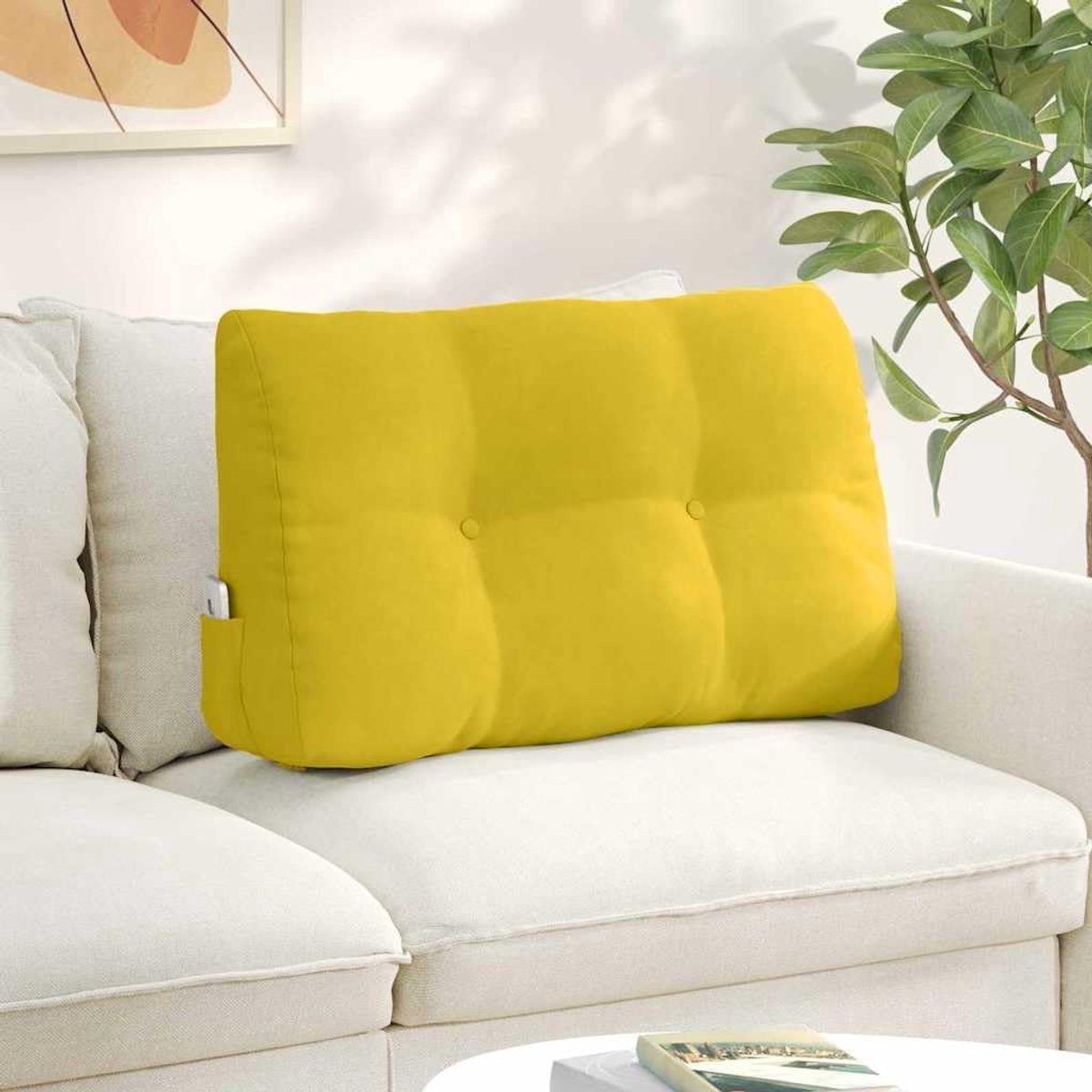 Rugkussen, geel, 80 x 24 x 50 cm, met polyestervulling, ergonomische rugsteun voor bank en bed, afneembare overtrek met ritssluiting en praktisch zijvak, geel