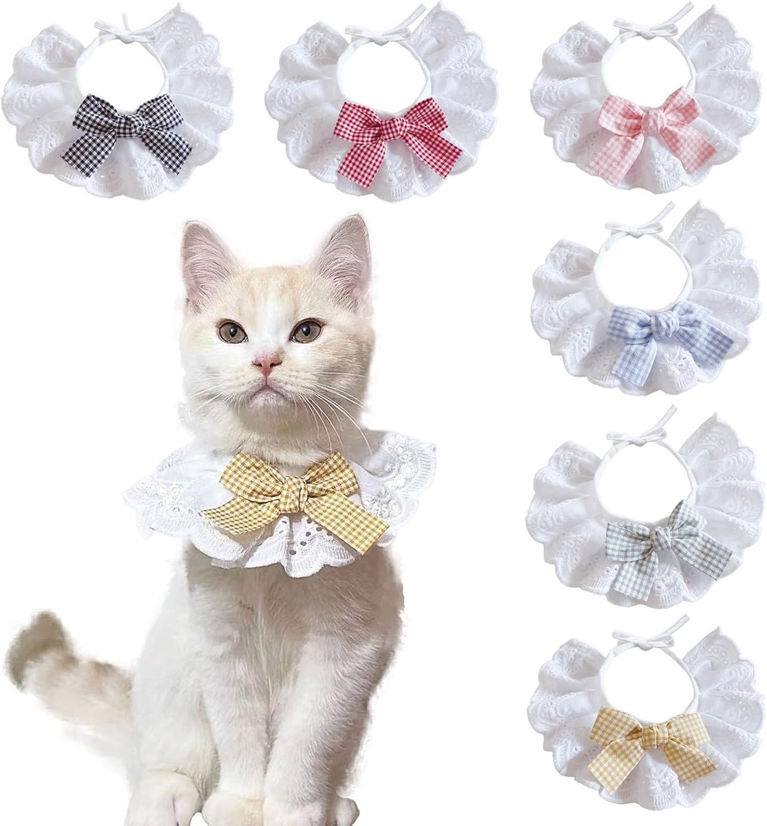 6-delige kattenslabbetjes van kant, schattige huisdierhalsdoek met ruitstrik, decoratieve halsdoek voor kleine honden en katten (L)