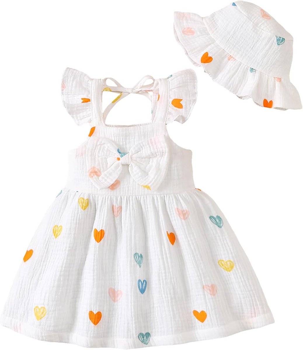 Zomer- en herfstjurk voor peuters, babymeisjes, outfit met ruches, hart/bloemenpatroon, boho-jurk, schattige babyzomerjurk met hoed