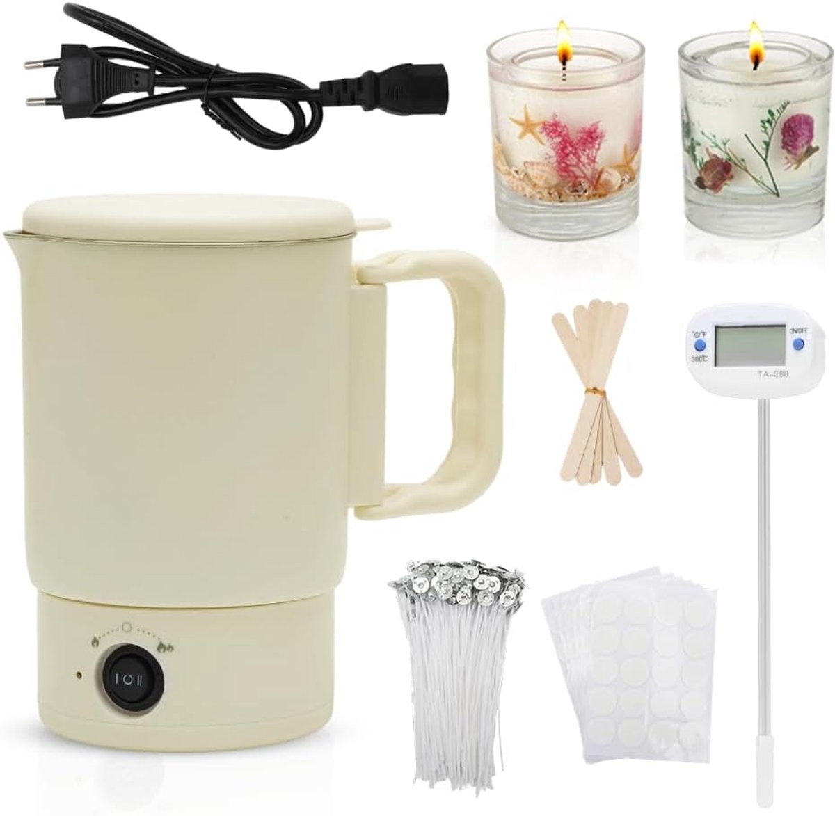 Elektrische wassmeltpot, wassmelter, kaarsen zelf maken, set met lontsticker, lonthouder, accessoires voor volwassenen, beginners, doe-het-zelf kaarsen maken