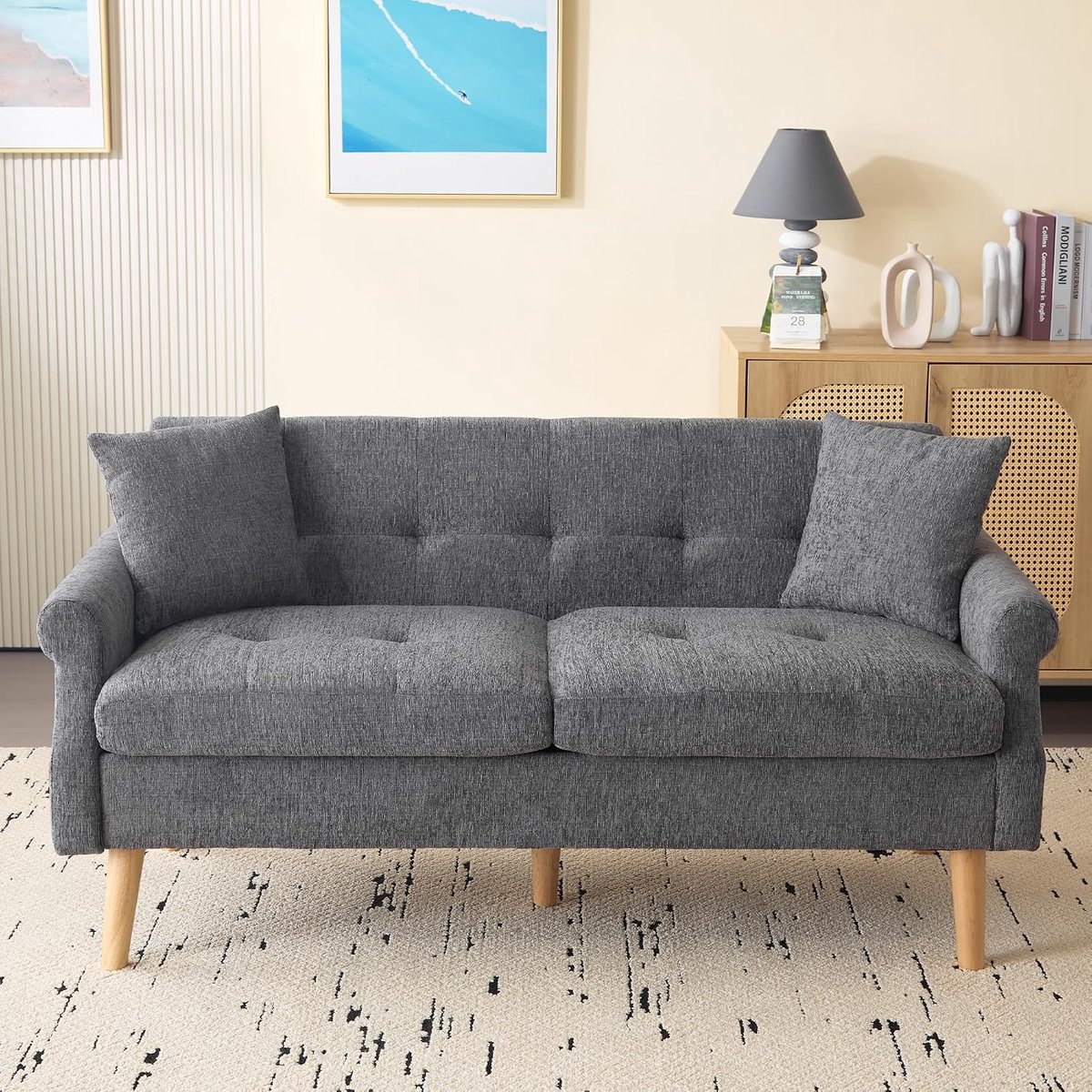 2-zitsbank van chenille-stof, comfortabele gestoffeerde bank met dik kussen, Scandinavisch design voor woonkamer en slaapkamer, compacte bank voor kleine woning (hout + chenille, grijs)