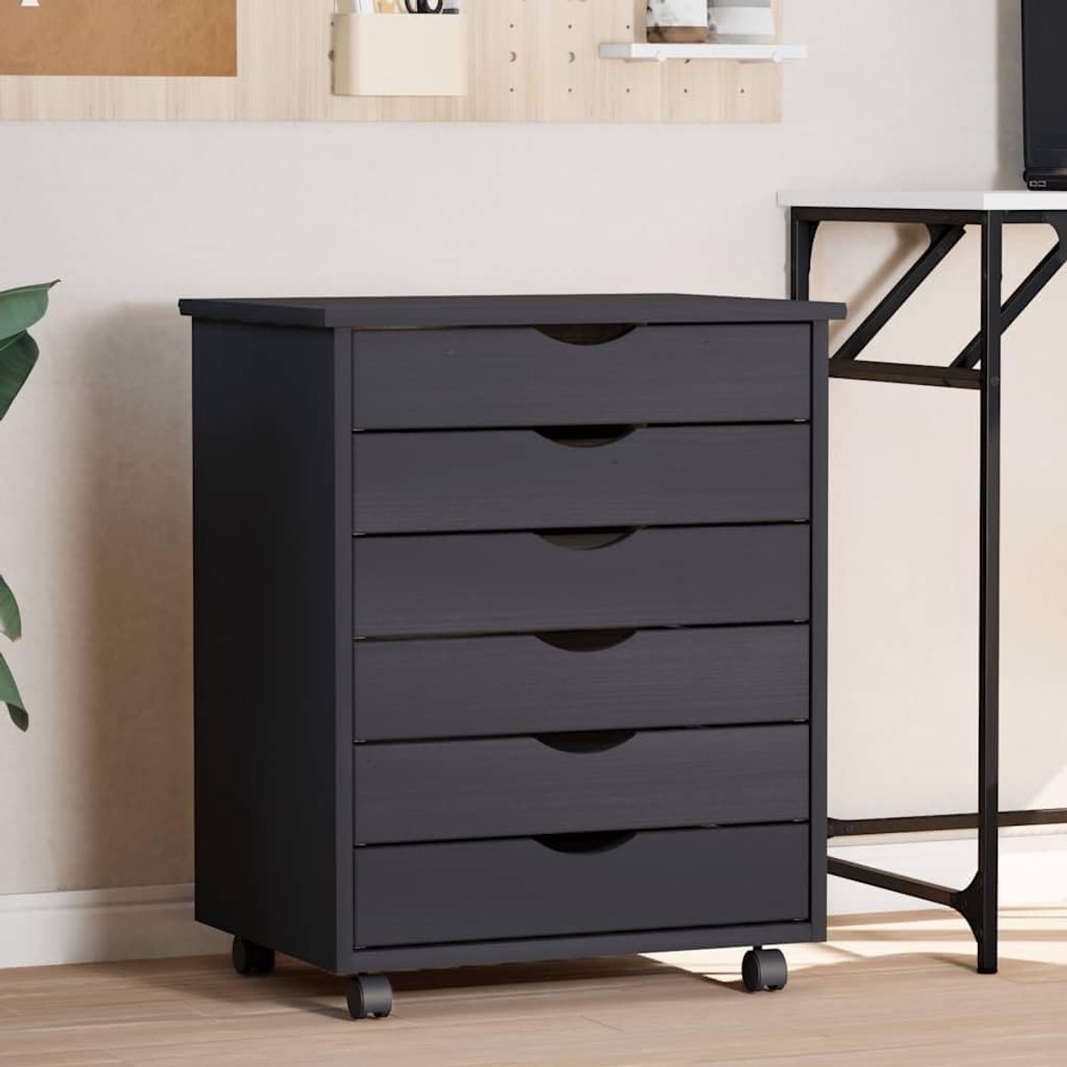 Rolkast met laden, waaierkast, kantoorkast, opbergkast, dressoir, ladekast, bijzetkast, geschikt voor kantoor, slaapkamer, woonkamer, grijs, massief grenen