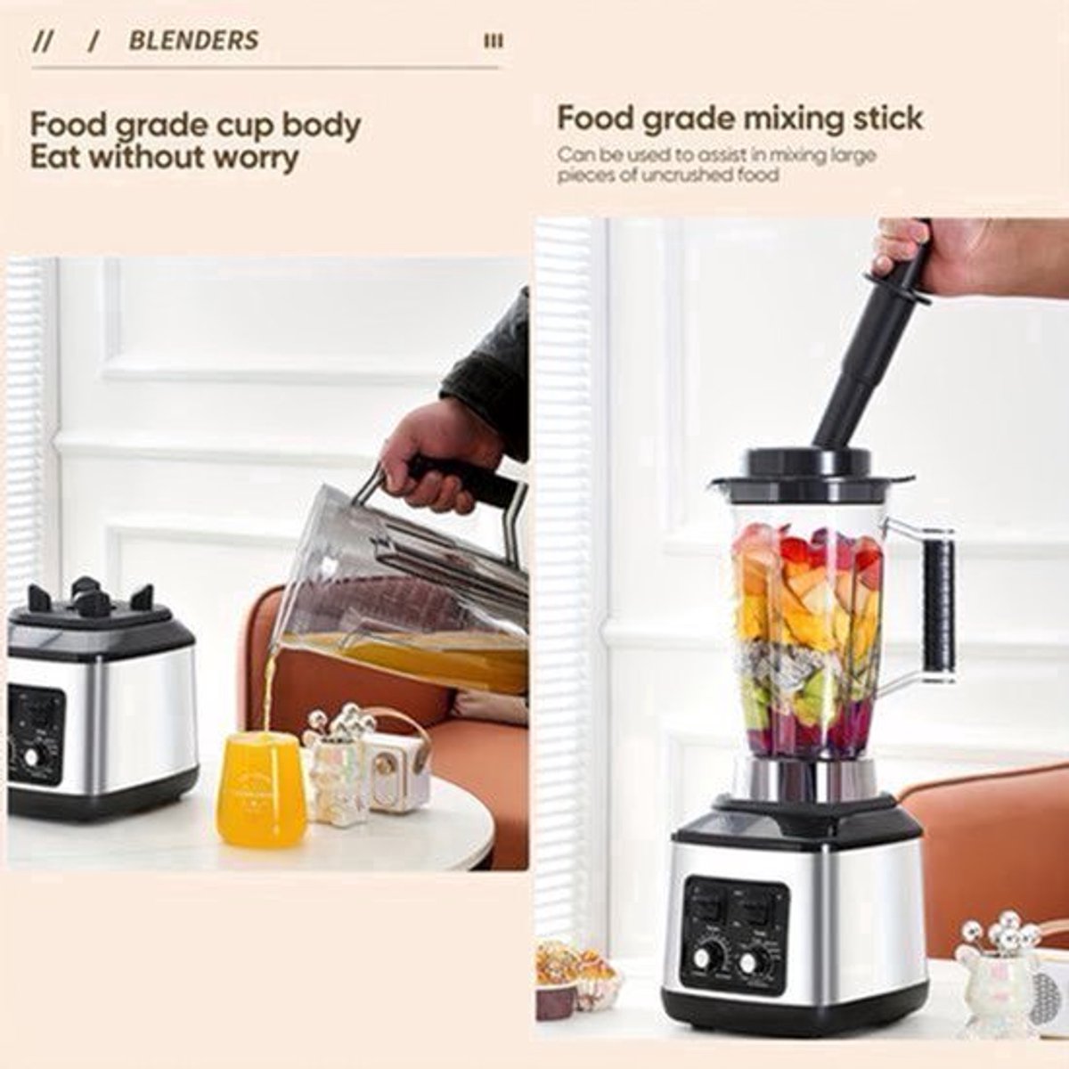 Multifunctionele Keukenmachine – Blender – Food Processor – Sapmaker – IJscrusher – Grote Inhoud 3L+1,5L+0,5L – Krachtige 9500W Motor – Stille Frequentie Technologie