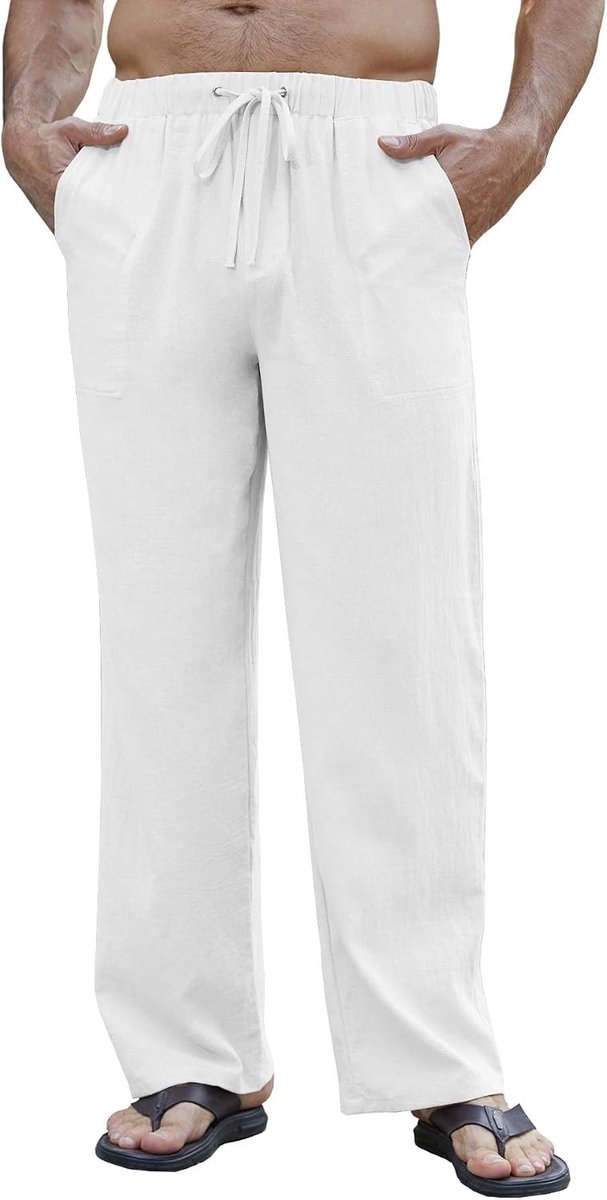 Katoenen linnen broek voor heren, lange zomerbroek, licht, casual, ademend, strandbroek, losse pasvorm, broek met elastische tailleband en vier zakken