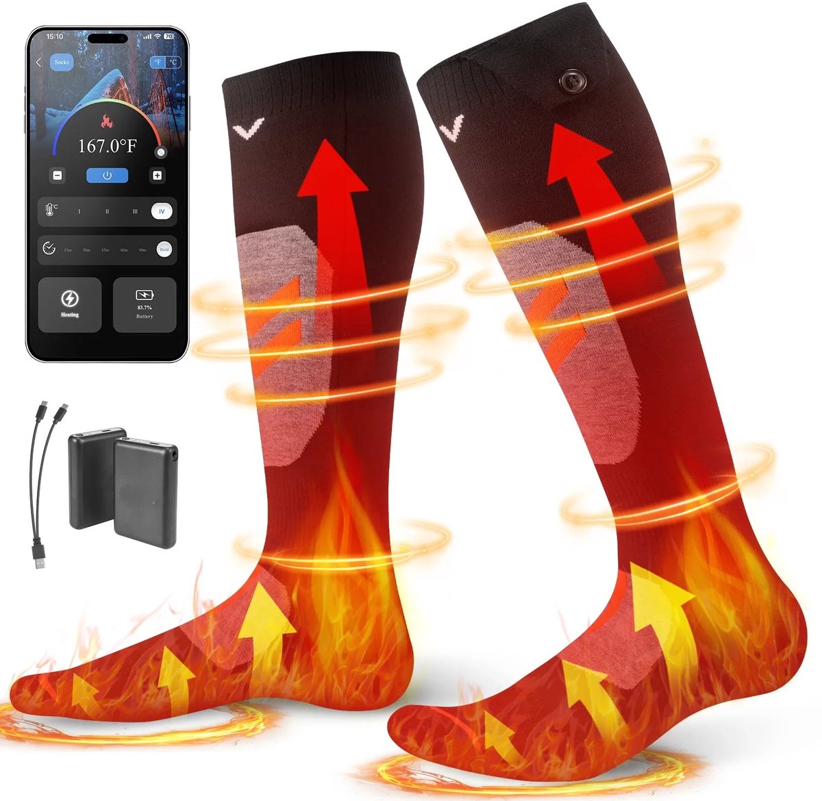 Novari Verwarmde sokken Sokken Thermosokken Wintersokken Skisokken Wandelsokken Diverse warmtestanden Mobiele app Zwart