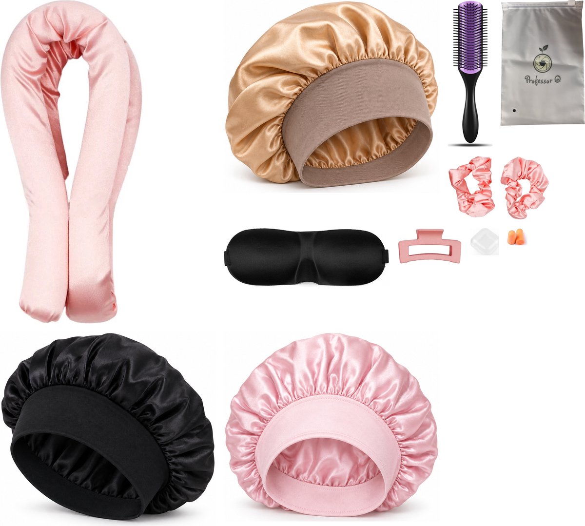 Professor Q Heatless Curls Set - Heatless Curlset met 2 Elastiekjes en Klem - Bonnet Roze - Bonnet Zwart - Bonnet Goud - Purple Black Borstel - Slaapmasker Zwart