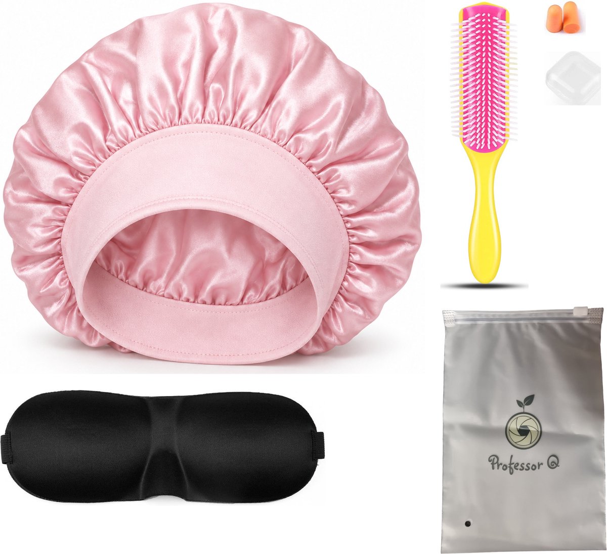 Professor Q Haarverzorgingsset - Bonnet Roze - Fusion Pink Borstel - Slaapmasker Zwart