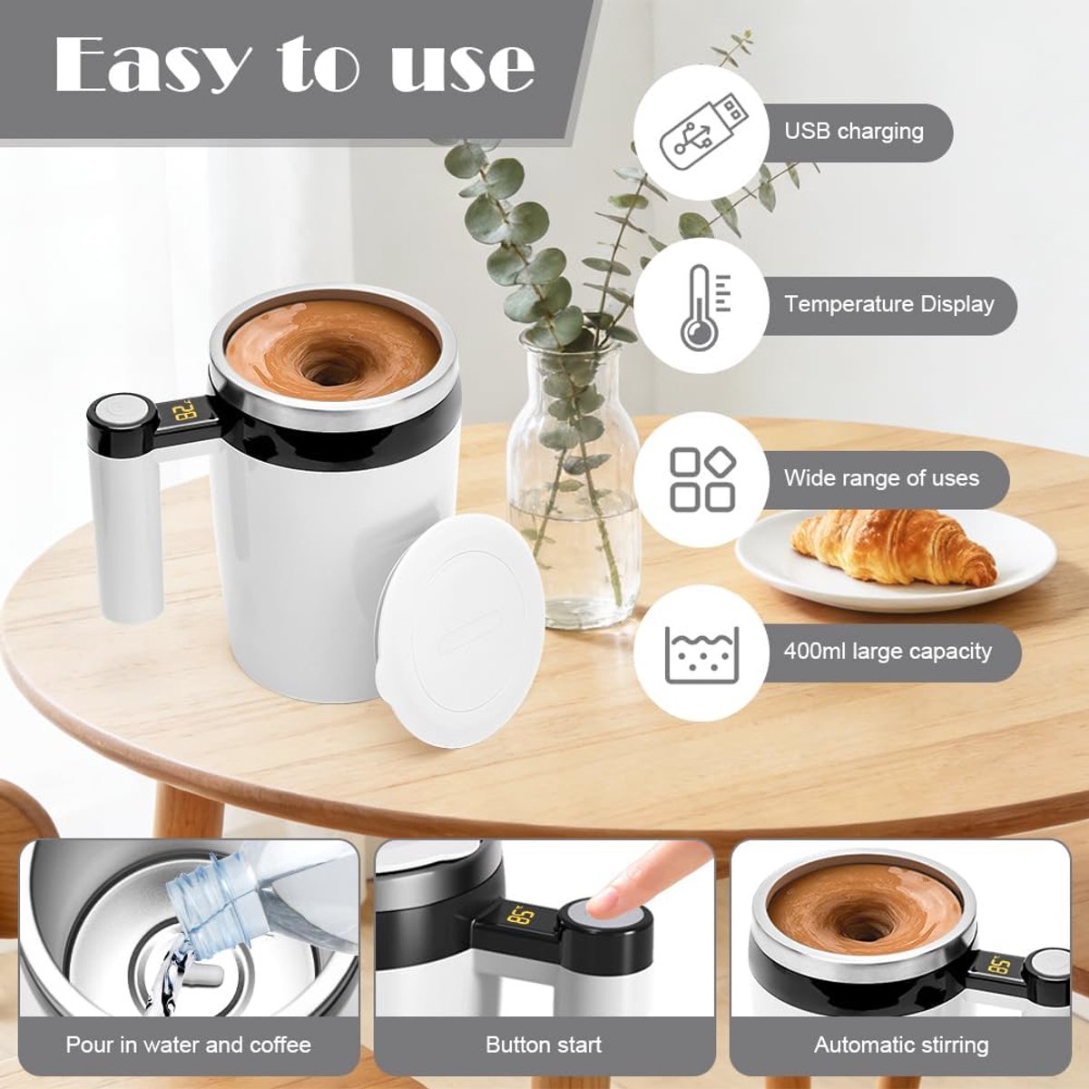 Koffiemok, 380 ml, automatische zelfroerende mok, elektrische zelfroerende beker met temperatuurweergave, magnetische mixerbeker voor koffie, melk, andere dranken (wit)