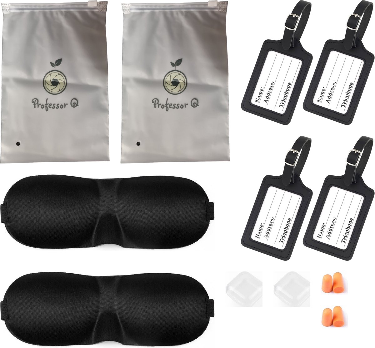 Professor Q Reisset Duo - 4 PU-Kofferlabels Zwart - 2 Slaapmasker Zwart