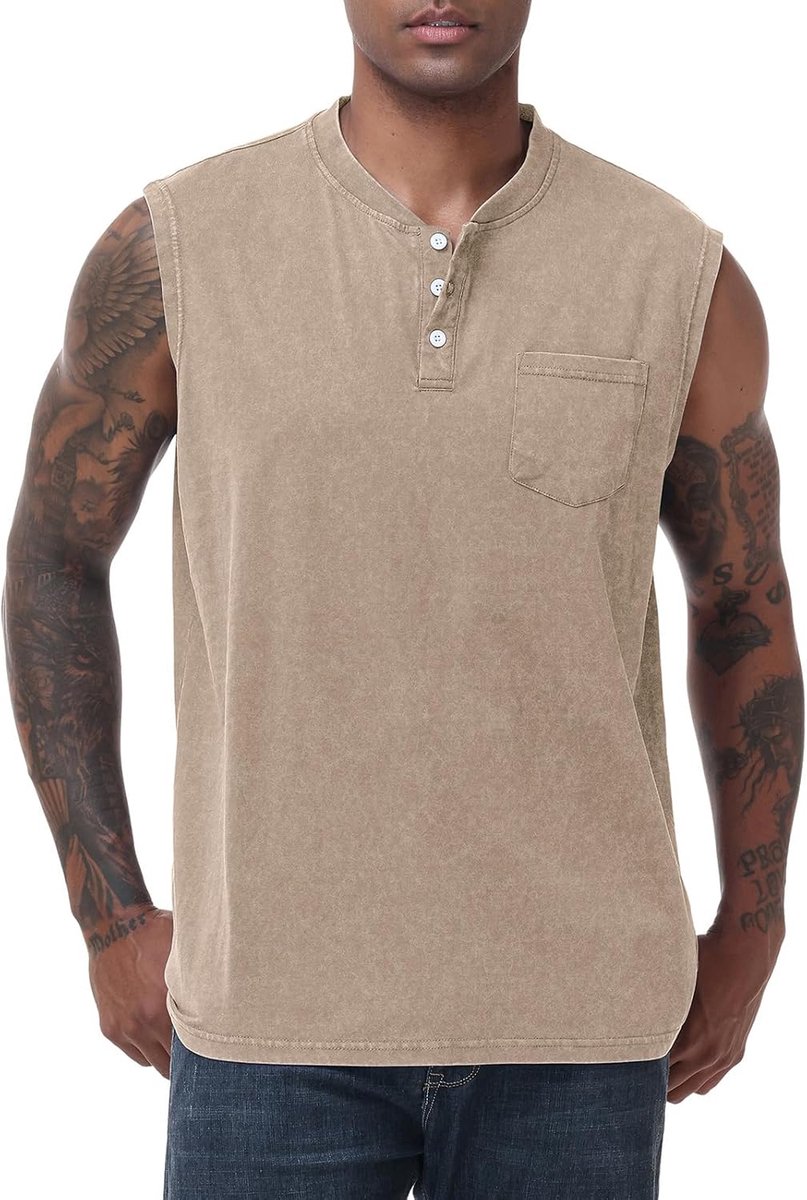 Tanktop voor heren, mouwloos, spiershirts, knoopsluiting, gym, sport, onderhemd, functioneel shirt, henley tanktop met zak