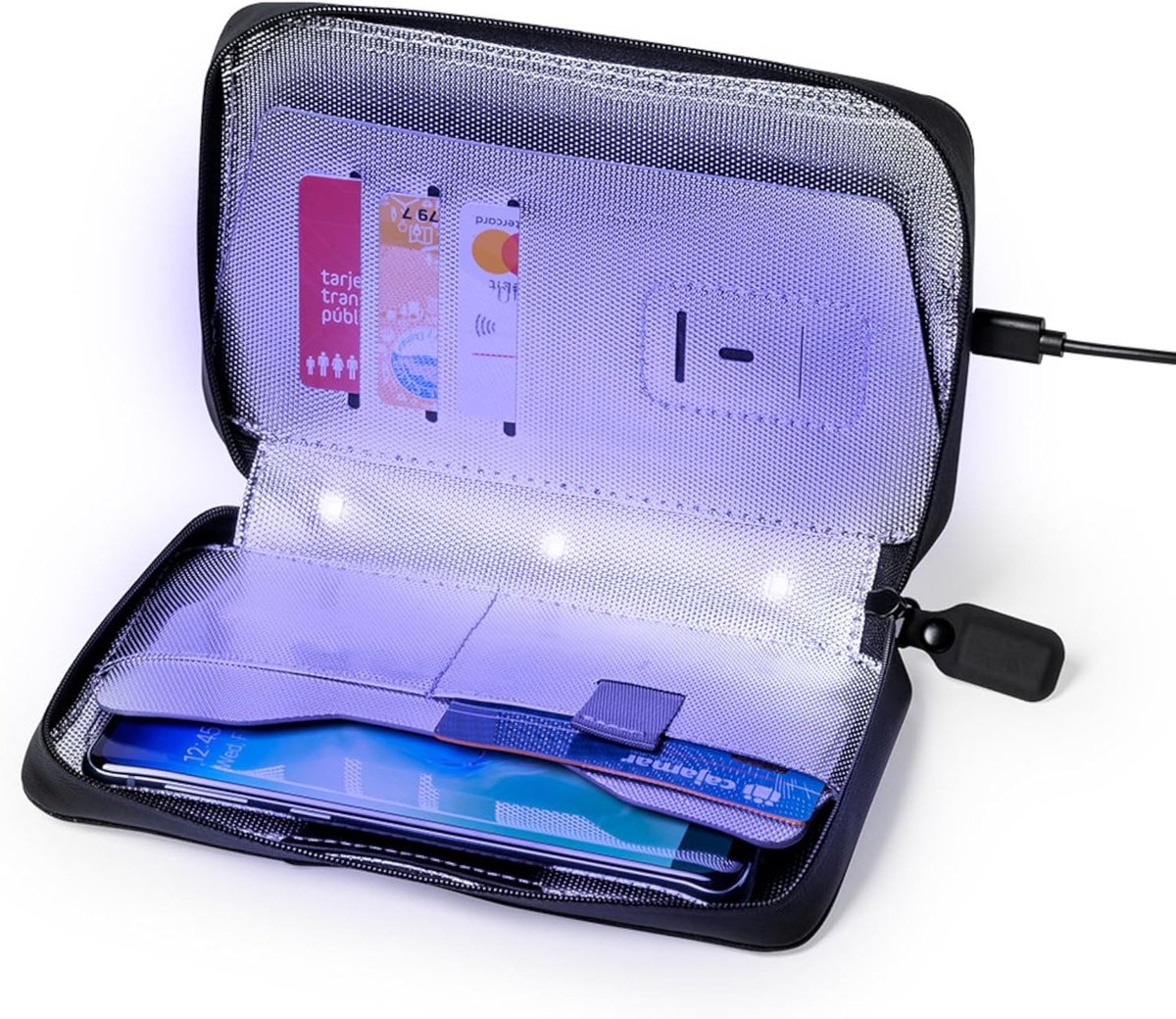 Uv-desinfectie-sterilisator voor smartphones, creditcards, earpods, sleutels in ritssluiting, polyester etui met RFID-blokker en 2 sterilisatiemodi, doodt bacteriën vanaf formaat 2 x 18,5 x 4 cm