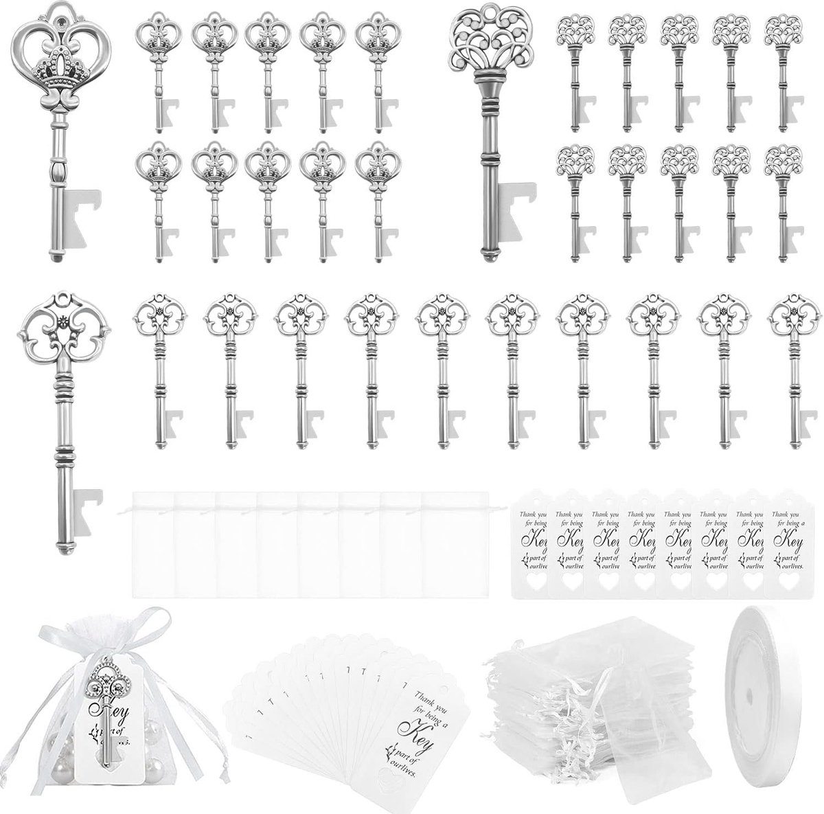 Flessenopener, 30 stuks, vintage flesopener, met geschenklabels, voor huwelijksgeschenken, rustieke feestdecoratie, antiek (zilver)