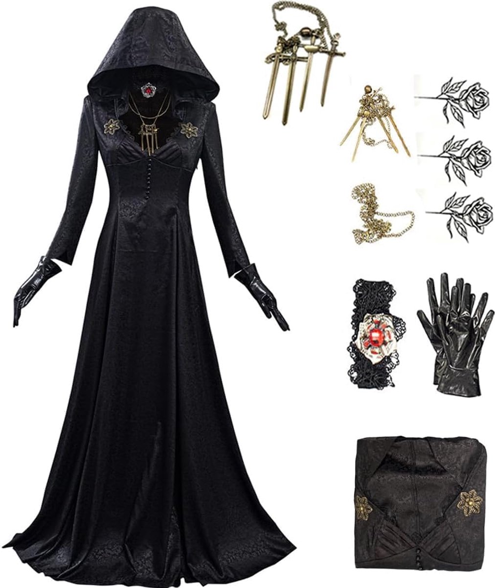 Carnaval Middeleeuwse Hooded Jurk Cosplay Kostuum Outfits Halloween Suits Vrouwen Zwart