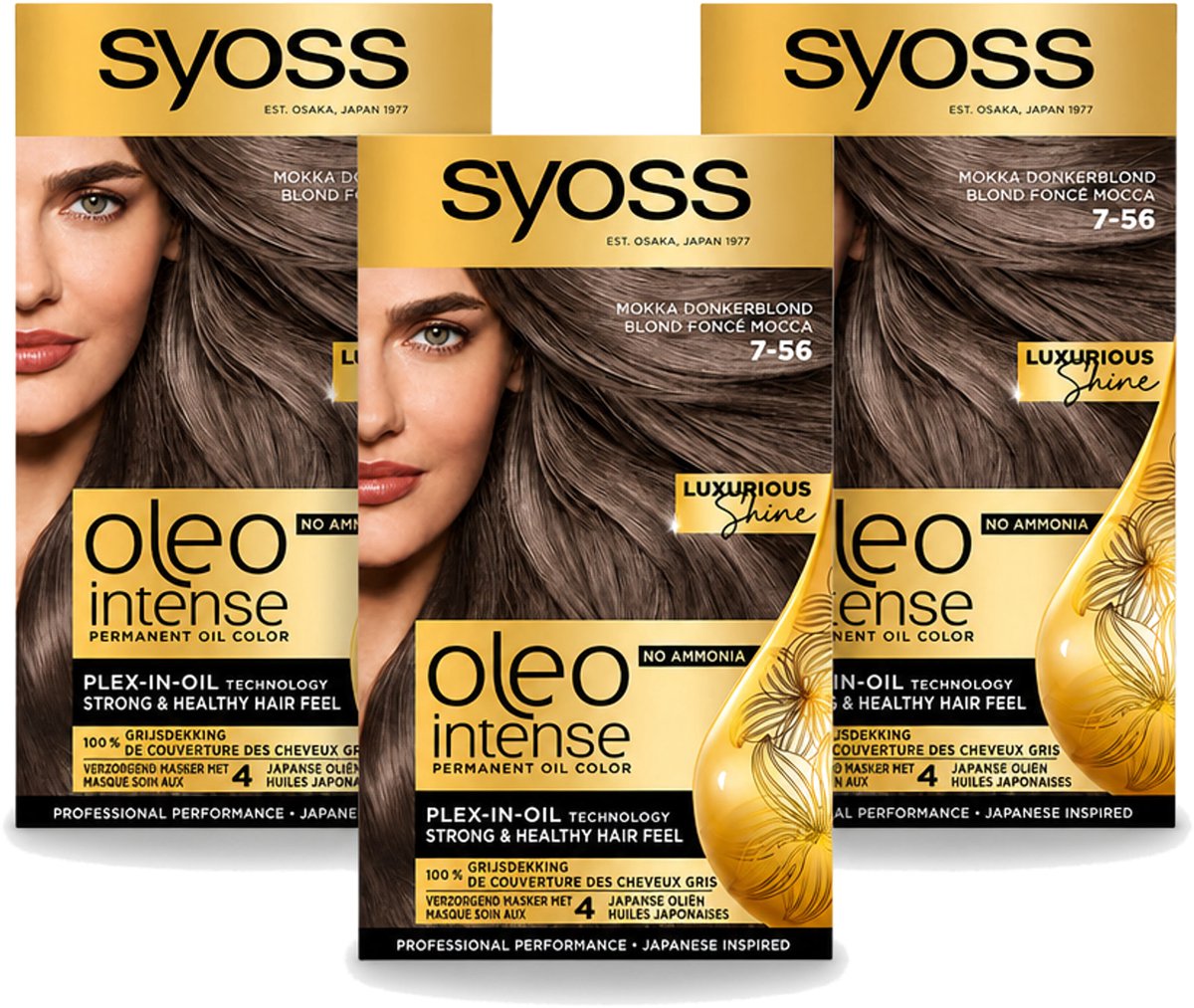 3 x SYOSS - Oleo Intense 7-56 Mokka Donkerblond - Haarverf - Zonder Ammoniak - Grijsdekking - Langdurige Kleur - Voordeelverpakking - 3 stuks
