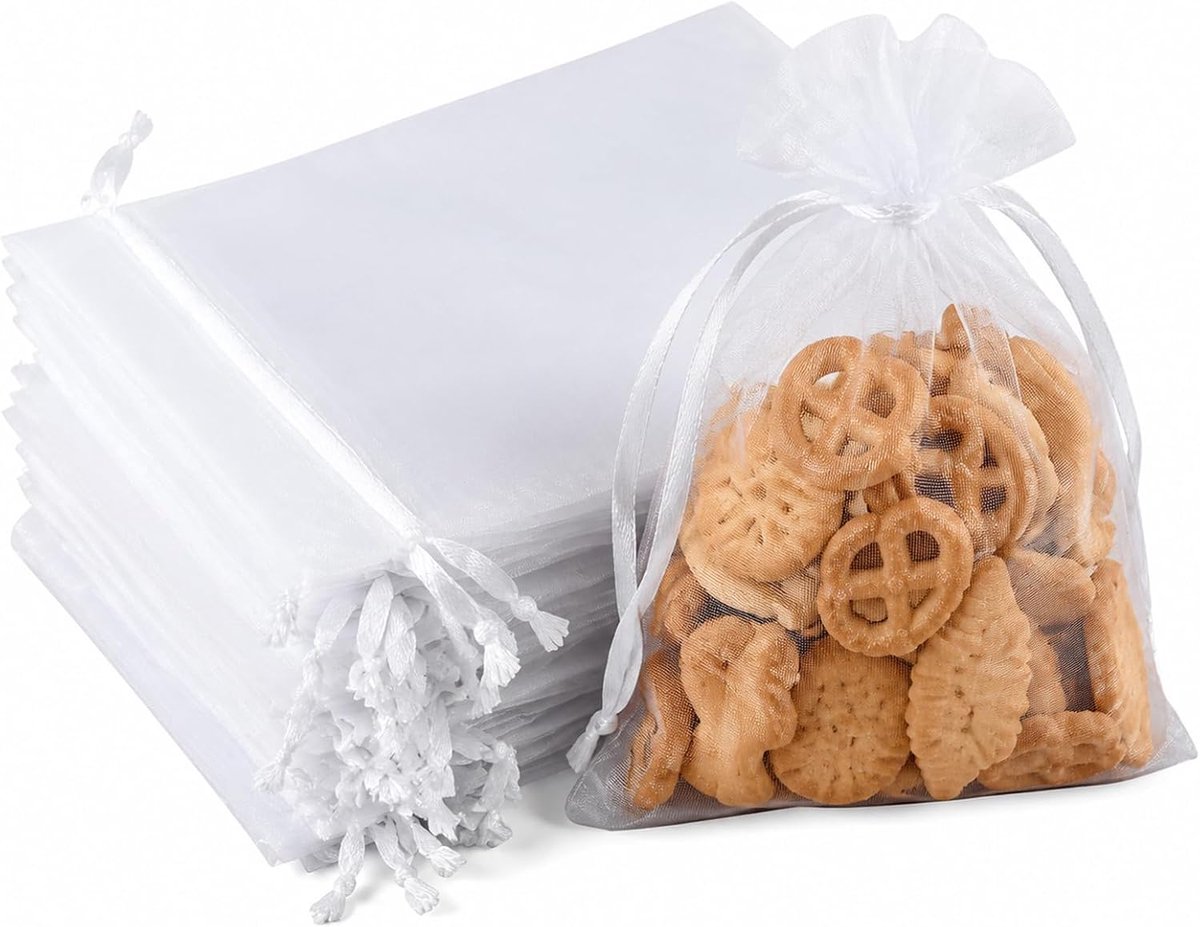 50 stuks witte organzazakjes, 13 x 18 cm, organzazakjes met trekkoord, ideaal voor bruiloften, sieraden, snoep en kleine geschenken, organzazakjes, veelzijdig voor feestjes, feesten en