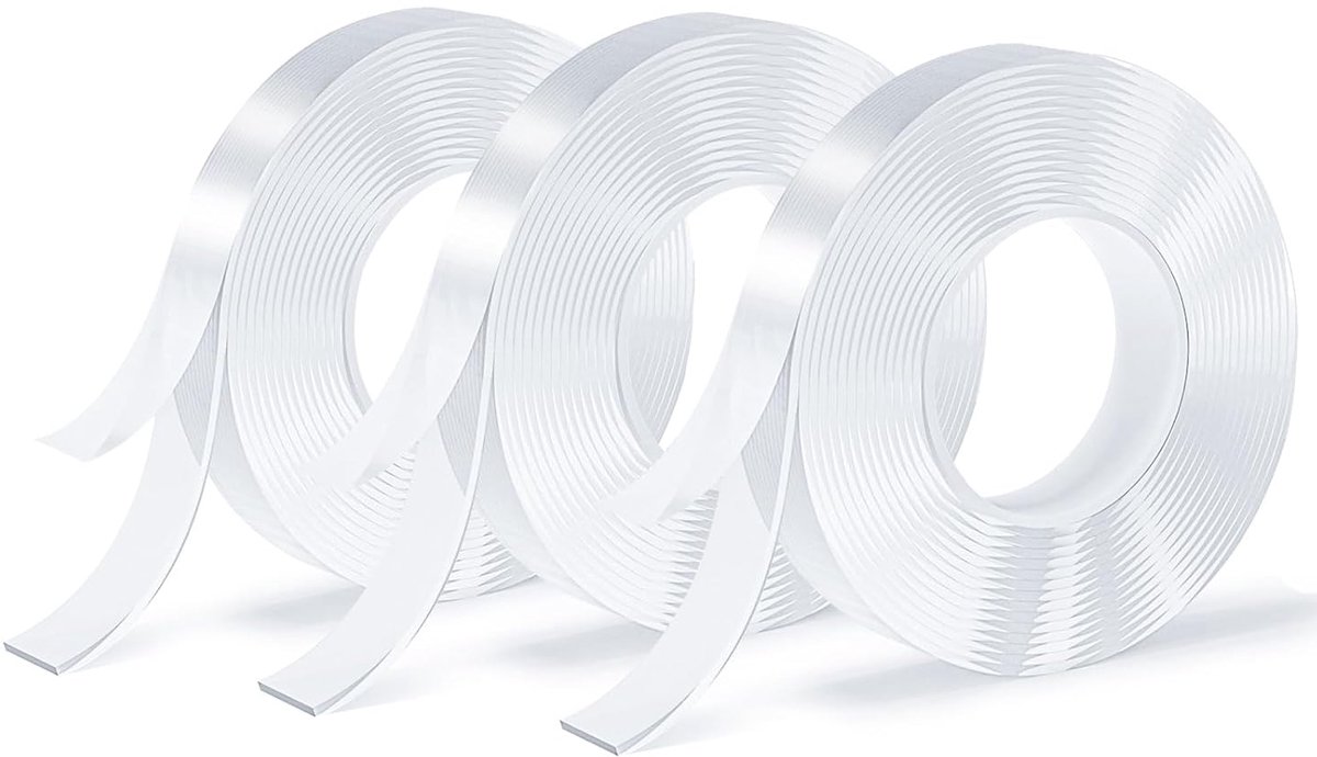 3 rollen dubbelzijdig plakband, nanotape, transparante tape en plakband zonder resten. Verwijderbaar, afwasbaar en herbruikbaar. Geschikt voor tapijten, fotowanden, enz. Elke rol is 300 cm lang.