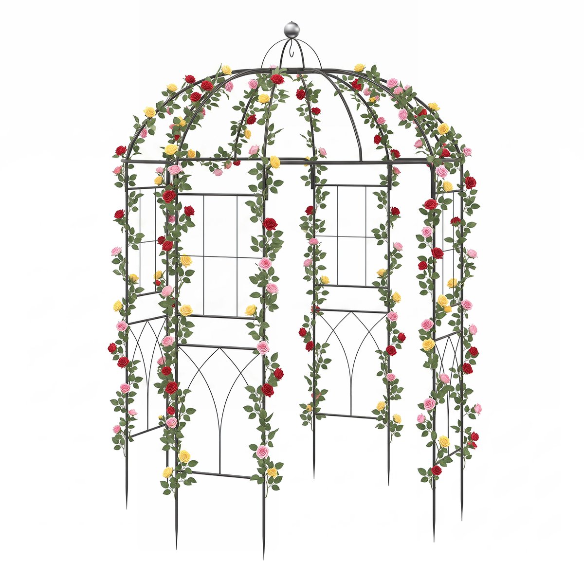 COSTWAY Rozenboog metaal, tuinboog met grondankers en haken, torboog tuin rond, rozenrooster klimhulp, tuinpaviljoen, rozenpaviljoen, rankrooster voor klimplanten, bruiloft, feest, 203 x 203 x 296 cm
