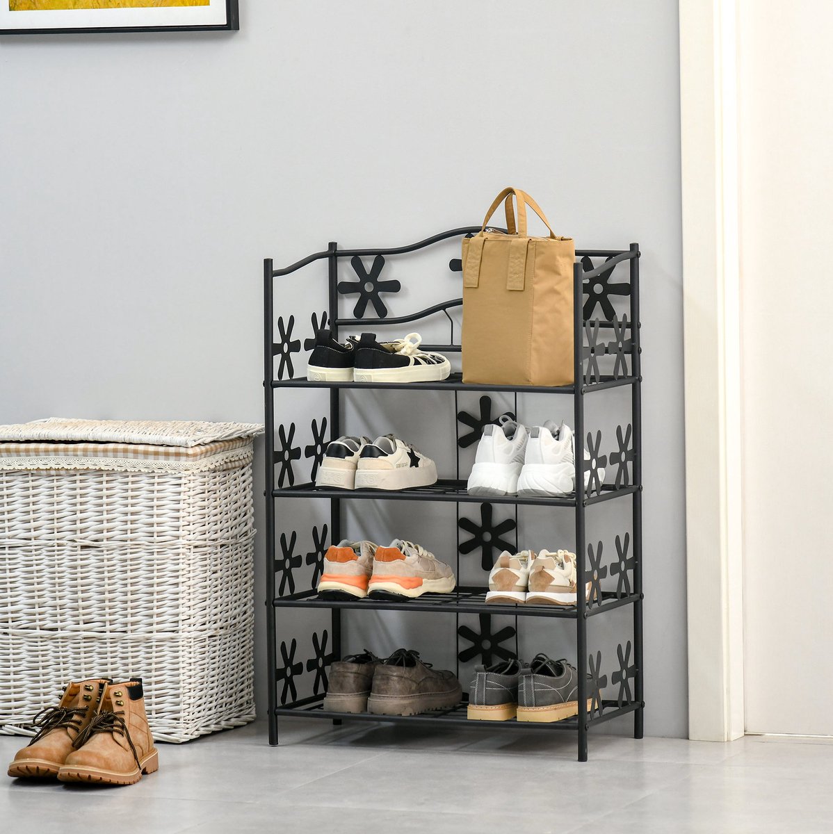 MODENUIT Schoenenrek – Ruimtebesparend – 59,5 x 30 x 92 Cm – Metaal – Zwart – Vier Niveaus