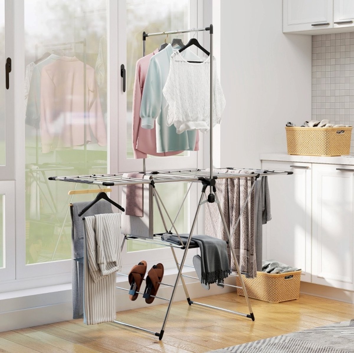 Droogrek – Verstelbare Vleugels – 156,5 x 68 x 192 Cm – RVS – Zilver – Inklapbaar Met Schoenhouders