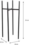 Support de plante noir en métal, haut de 55 cm, avec une base de 24 par 24 cm.