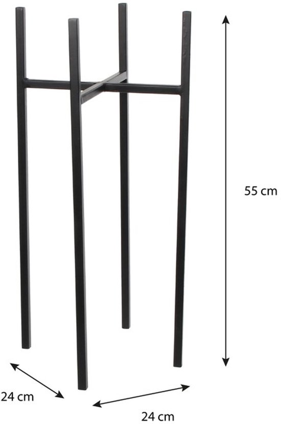 Support de plante noir en métal, haut de 55 cm, avec une base de 24 par 24 cm.