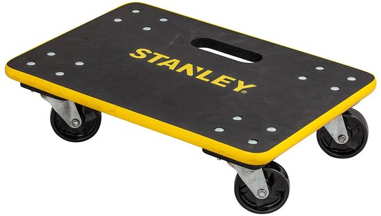 Zwarte Stanley meubelroller met gele rand, vier zwenkwielen en een handvat.