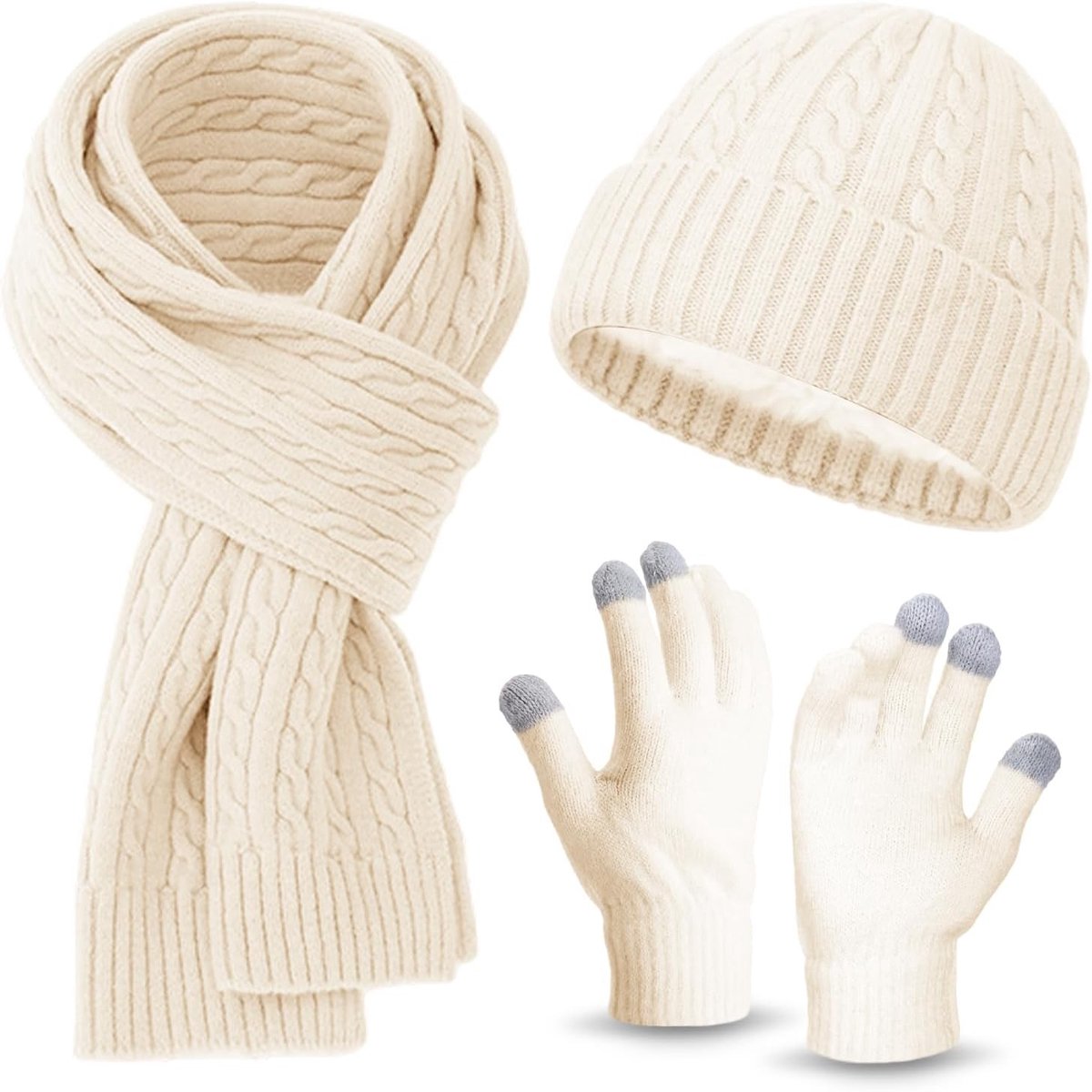 3-in-1 Set voor Dames: Wintermuts met Pompom, Sjaal en Handschoenen, Perfect Cadeau voor de Koude Seizoenen, Beige en Wit, 31*26*3cm