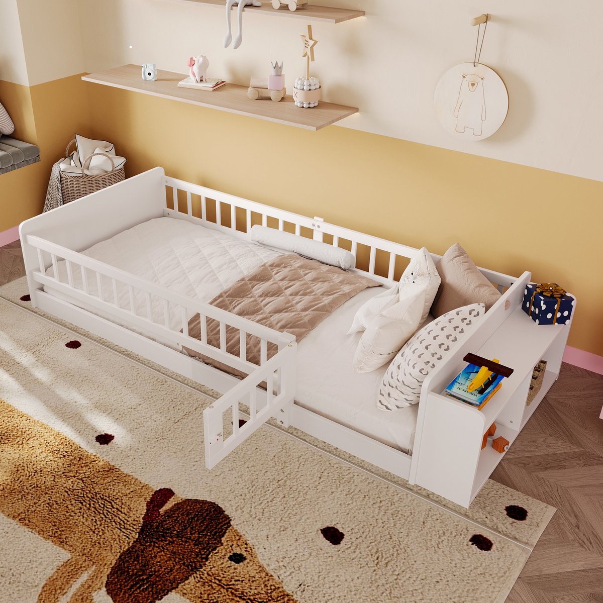 Sweiko Kinderbed - 90 x 200 cm - Met uitvalbeveiliging - MDF - Opbergruimte - Wit
