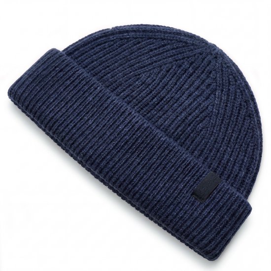 Donkerblauwe beanie van Fawler met ribbelpatroon, omslag en zwart logo.